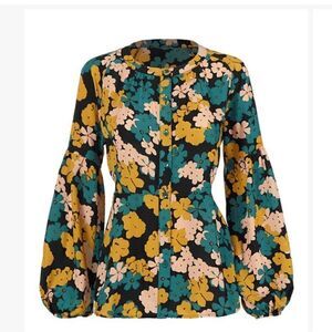CAbi Teal and Mustard Flower Drop Favorite Bishop Sleeve Blouse NWOT sz Large